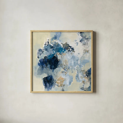 Indigo Monotype by Silvia Vassileva. Shown in a natural wood glass frame for a timeless modern aesthetic. Available as an archival giclee rolled canvas, fine art paper, or poster print. SKU 60360a.