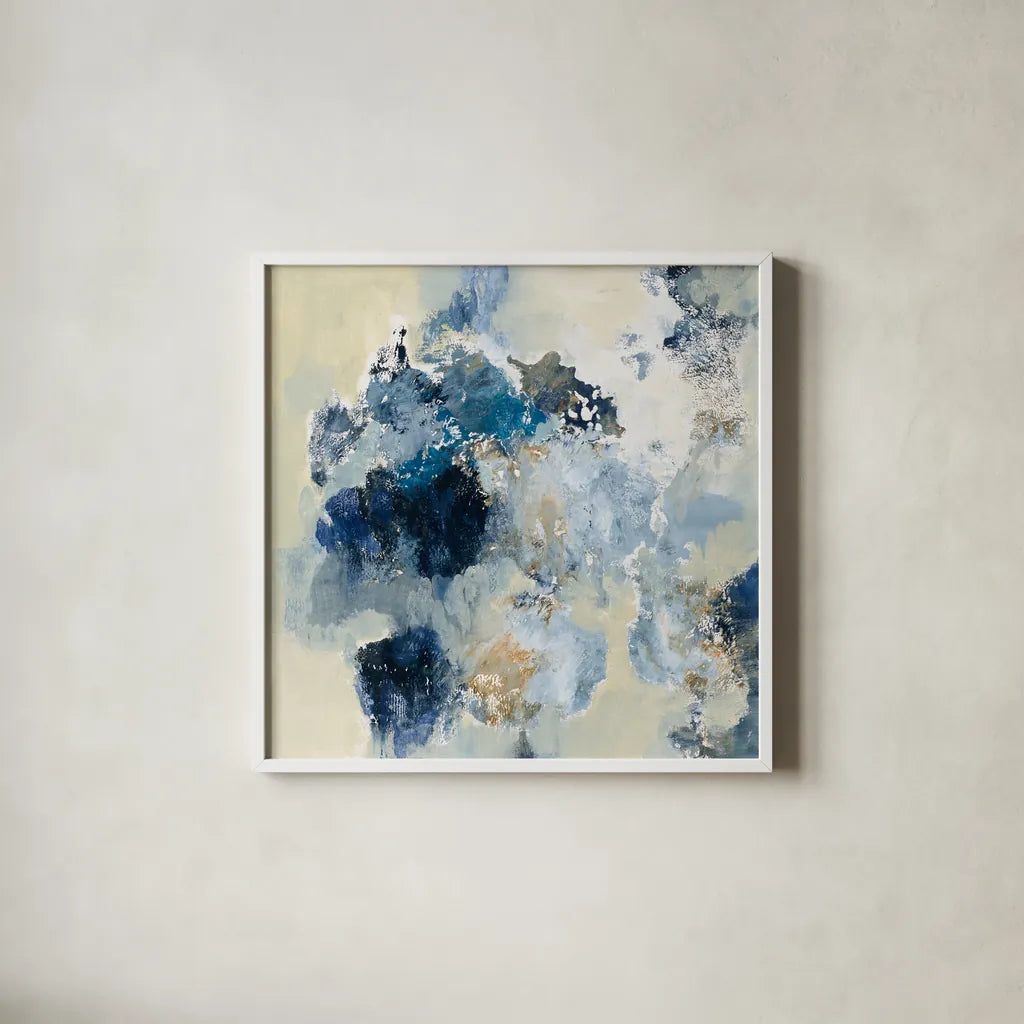 Indigo Monotype by Silvia Vassileva. Shown in a crisp white glass frame for a clean and minimalist style. Available as an archival giclee rolled canvas, fine art paper, or poster print. SKU 60360a.