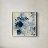 Indigo Monotype by Silvia Vassileva. Shown in a crisp white glass frame for a clean and minimalist style. Available as an archival giclee rolled canvas, fine art paper, or poster print. SKU 60360a.