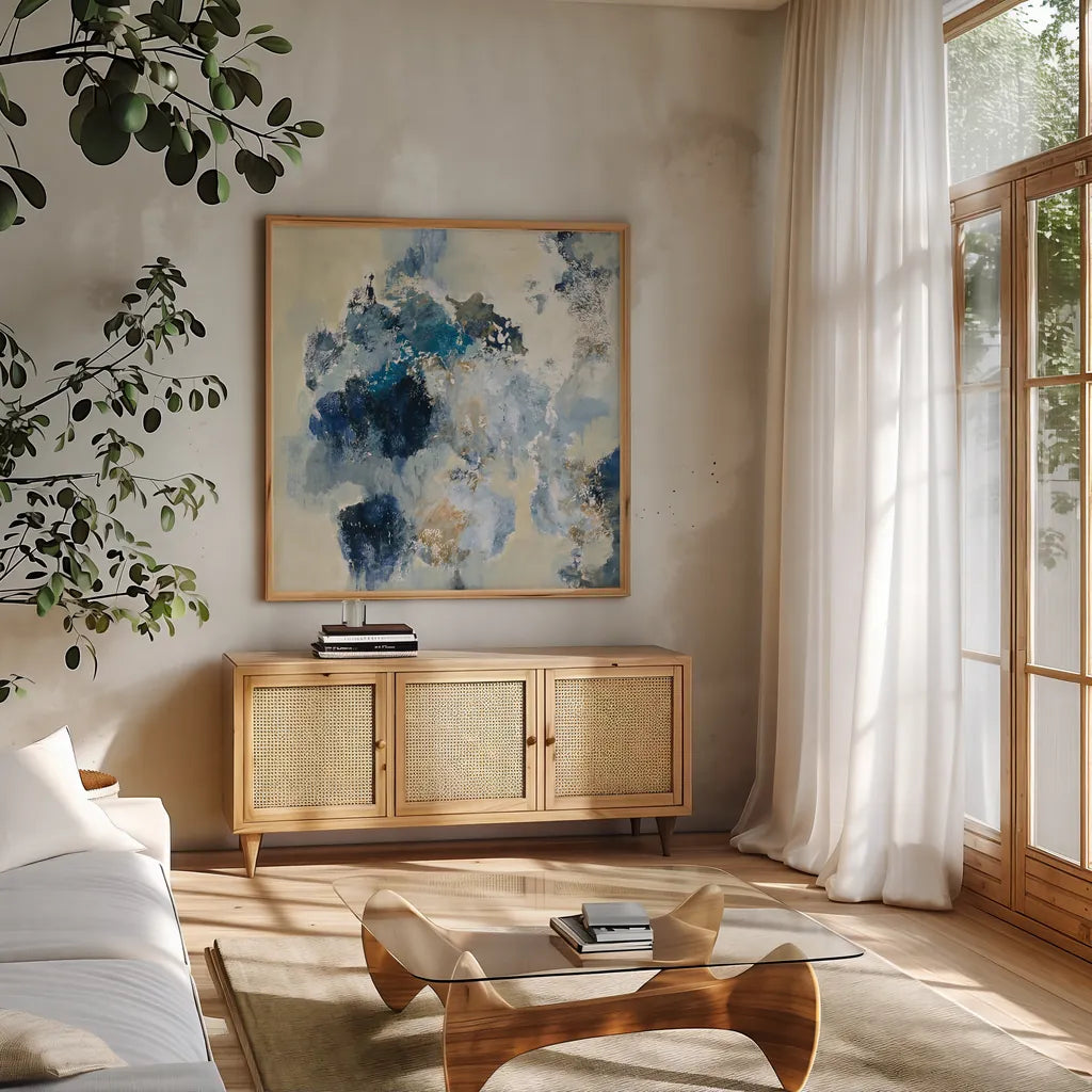 Indigo Monotype by Silvia Vassileva. Shown in a natural wood frame in a cozy modern living room. Available as an archival giclee rolled canvas, fine art paper, or poster print. SKU 60360a.