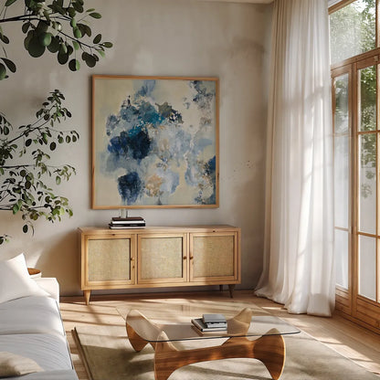 Indigo Monotype by Silvia Vassileva. Shown in a natural wood frame in a cozy modern living room. Available as an archival giclee rolled canvas, fine art paper, or poster print. SKU 60360a.