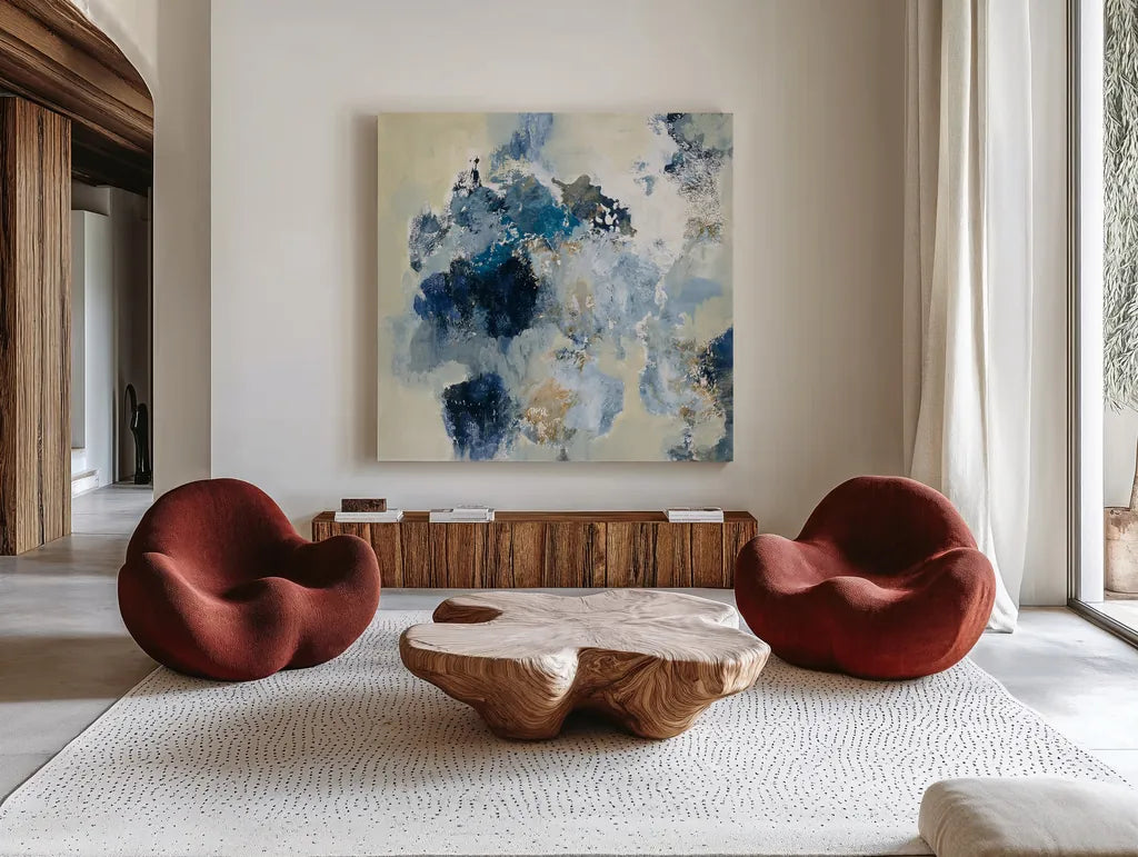 Indigo Monotype by Silvia Vassileva. Shown as extra-large giant wall art in a modern living room. Available as an archival giclee rolled canvas, fine art paper, or poster print. SKU 60360a.