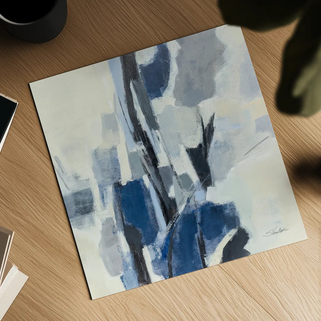 Indigo Mosaic by Silvia Vassileva. Shown as a detailed flat fine art print, highlighting archival giclee quality. Available as an archival giclee rolled canvas, fine art paper, or poster print. SKU 84523a.