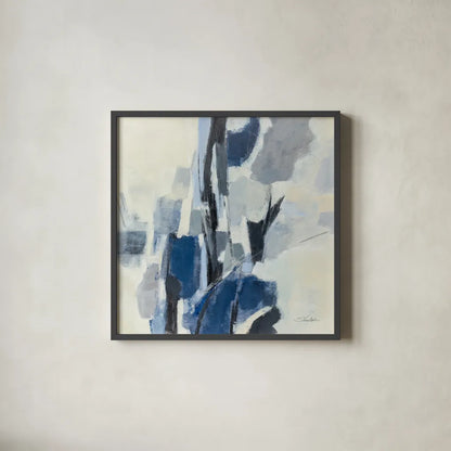 Indigo Mosaic by Silvia Vassileva. Shown in a sleek black glass frame for a contemporary gallery look. Available as an archival giclee rolled canvas, fine art paper, or poster print. SKU 84523a.