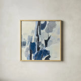 Indigo Mosaic by Silvia Vassileva. Shown in a natural wood glass frame for a timeless modern aesthetic. Available as an archival giclee rolled canvas, fine art paper, or poster print. SKU 84523a.