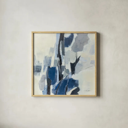 Indigo Mosaic by Silvia Vassileva. Shown in a natural wood glass frame for a timeless modern aesthetic. Available as an archival giclee rolled canvas, fine art paper, or poster print. SKU 84523a.