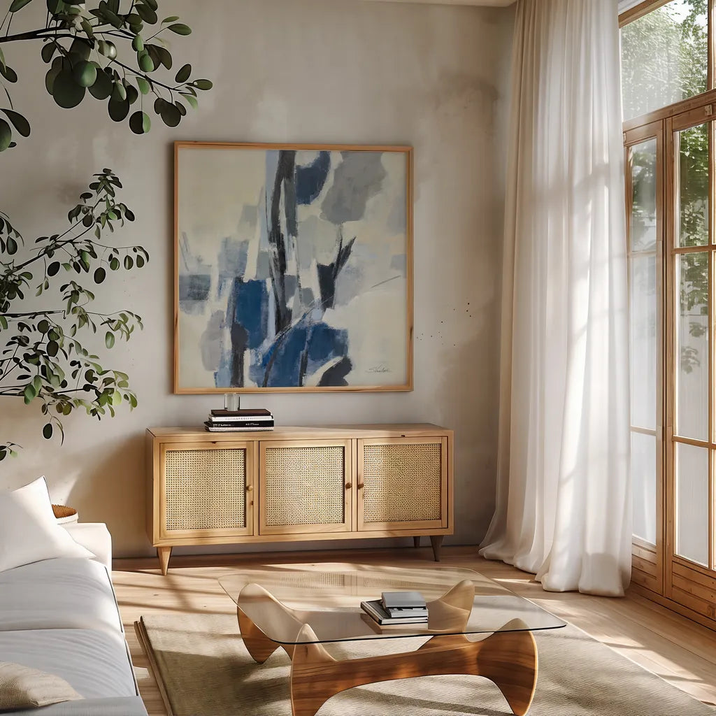 Indigo Mosaic by Silvia Vassileva. Shown in a natural wood frame in a cozy modern living room. Available as an archival giclee rolled canvas, fine art paper, or poster print. SKU 84523a.