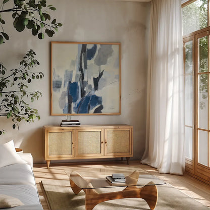 Indigo Mosaic by Silvia Vassileva. Shown in a natural wood frame in a cozy modern living room. Available as an archival giclee rolled canvas, fine art paper, or poster print. SKU 84523a.