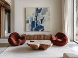 Indigo Mosaic by Silvia Vassileva. Shown as extra-large giant wall art in a modern living room. Available as an archival giclee rolled canvas, fine art paper, or poster print. SKU 84523a.