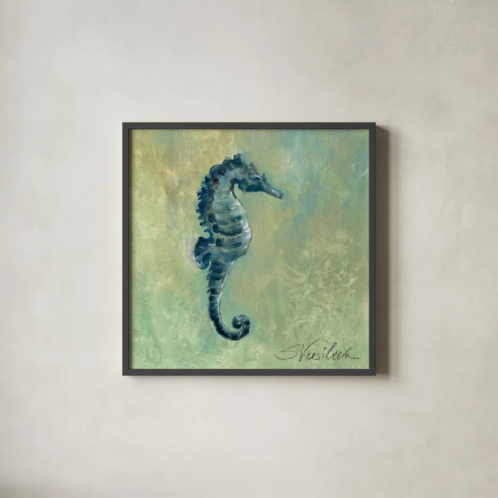 Indigo Sea Life I by Silvia Vassileva. Shown in a sleek black glass frame for a contemporary gallery look. Available as an archival giclee rolled canvas, fine art paper, or poster print. SKU 22089a.