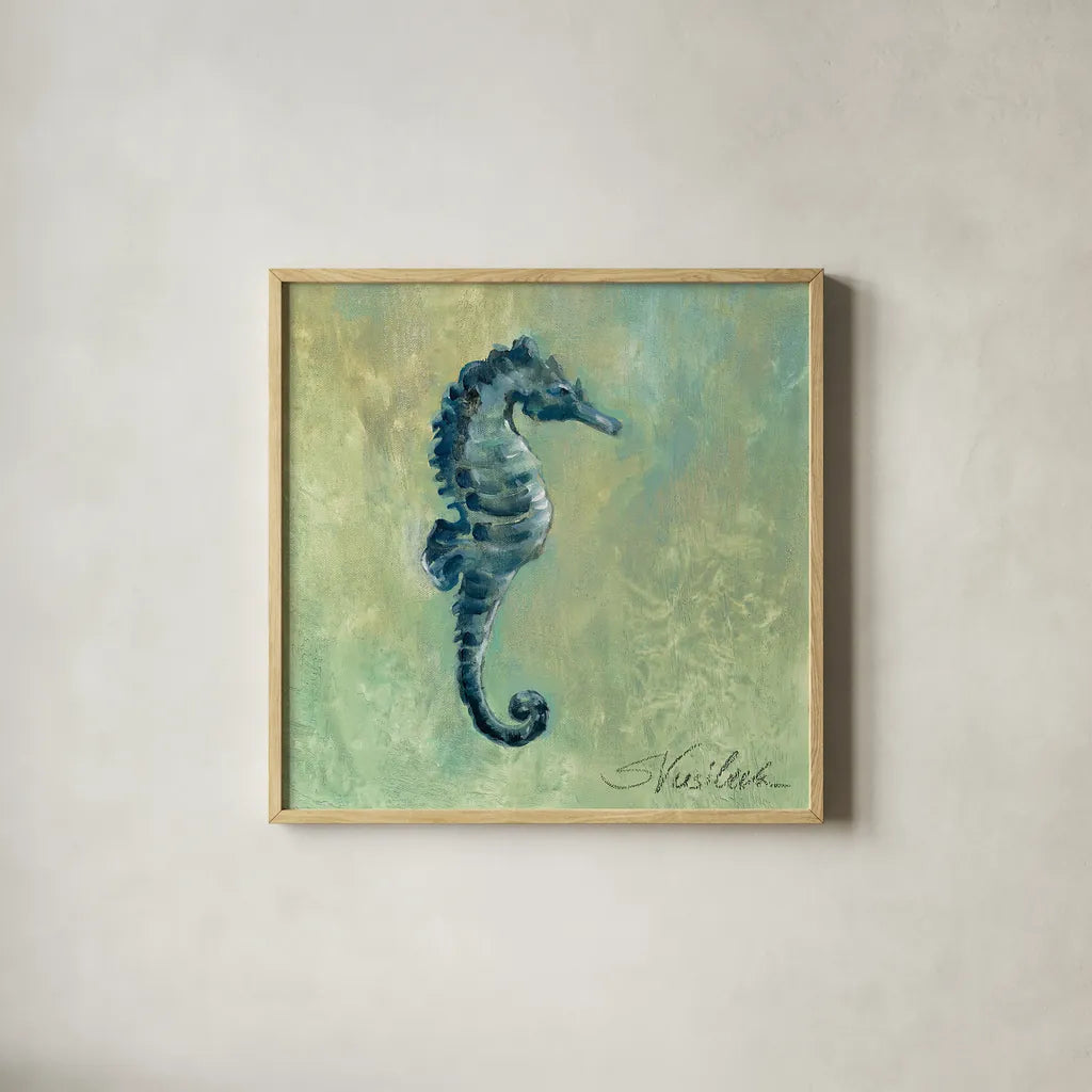 Indigo Sea Life I by Silvia Vassileva. Shown in a natural wood glass frame for a timeless modern aesthetic. Available as an archival giclee rolled canvas, fine art paper, or poster print. SKU 22089a.