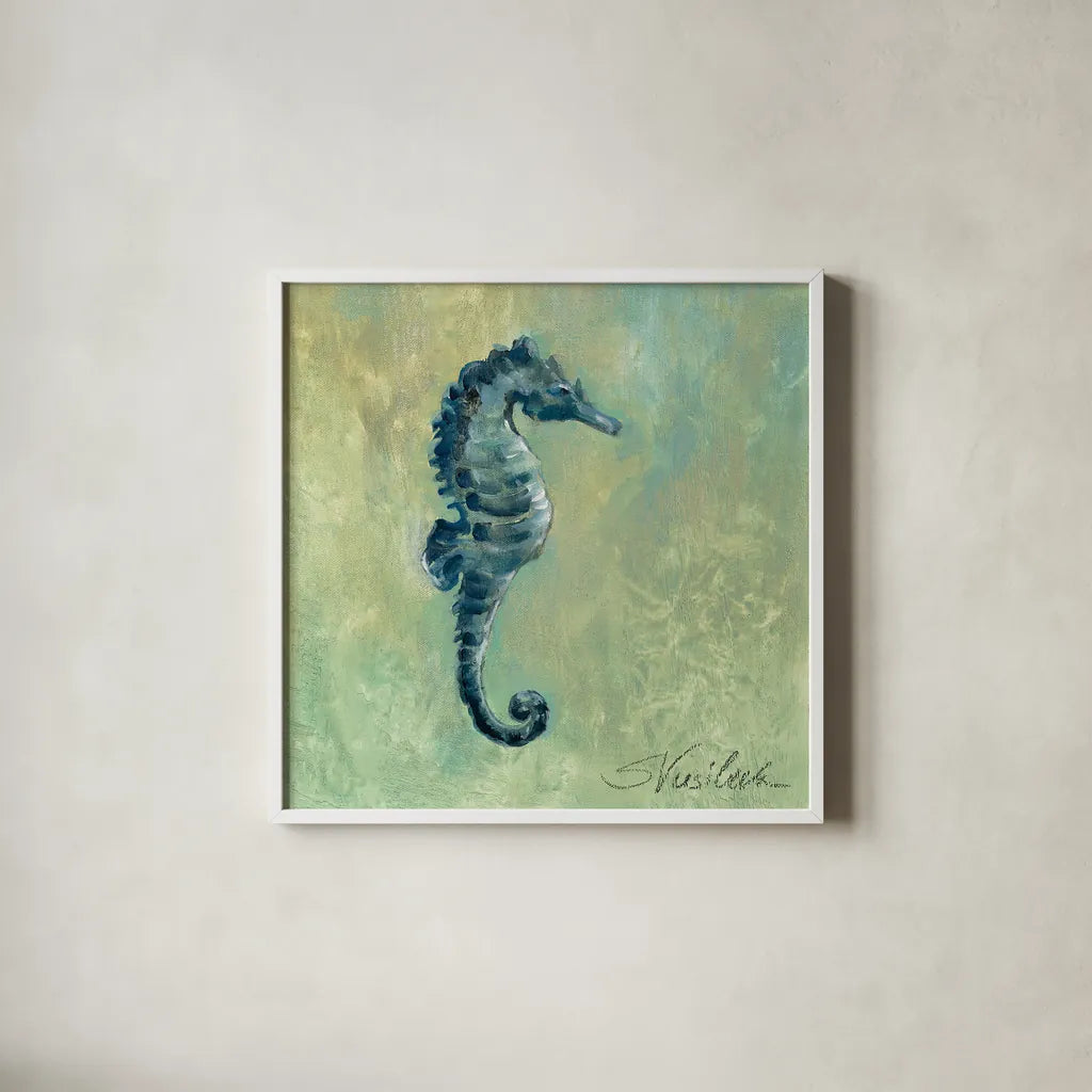 Indigo Sea Life I by Silvia Vassileva. Shown in a crisp white glass frame for a clean and minimalist style. Available as an archival giclee rolled canvas, fine art paper, or poster print. SKU 22089a.