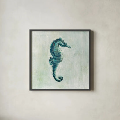 Indigo Sea Life I by Silvia Vassileva. Shown in a sleek black glass frame for a contemporary gallery look. Available as an archival giclee rolled canvas, fine art paper, or poster print. SKU 46902a.