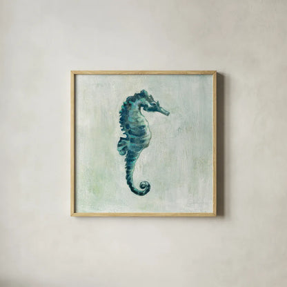 Indigo Sea Life I by Silvia Vassileva. Shown in a natural wood glass frame for a timeless modern aesthetic. Available as an archival giclee rolled canvas, fine art paper, or poster print. SKU 46902a.