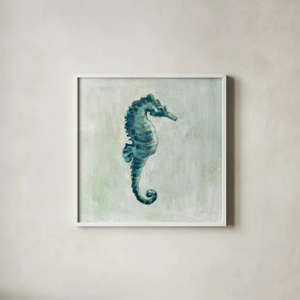 Indigo Sea Life I by Silvia Vassileva. Shown in a crisp white glass frame for a clean and minimalist style. Available as an archival giclee rolled canvas, fine art paper, or poster print. SKU 46902a.