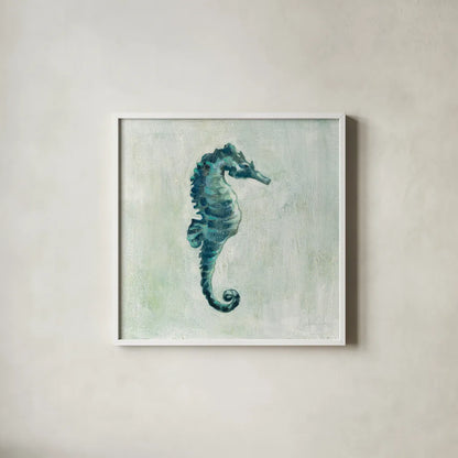 Indigo Sea Life I by Silvia Vassileva. Shown in a crisp white glass frame for a clean and minimalist style. Available as an archival giclee rolled canvas, fine art paper, or poster print. SKU 46902a.