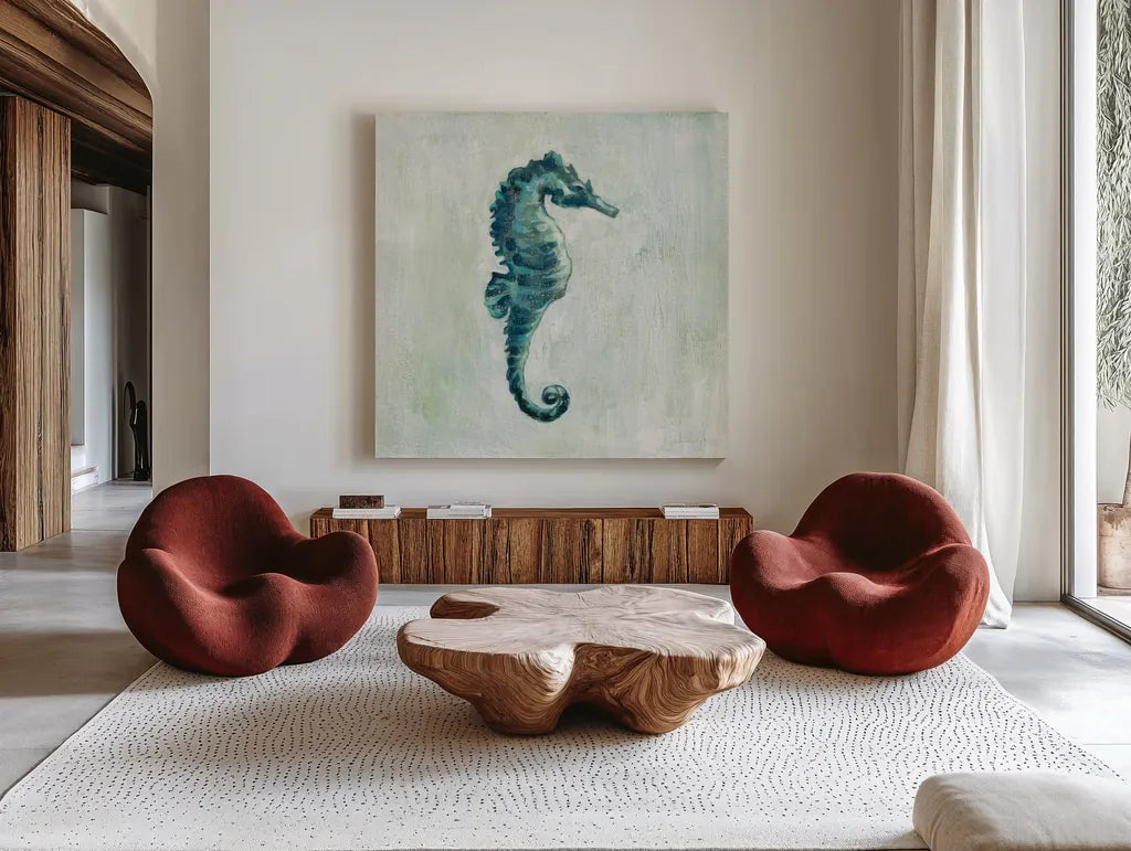 Indigo Sea Life I by Silvia Vassileva. Shown as extra-large giant wall art in a modern living room. Available as an archival giclee rolled canvas, fine art paper, or poster print. SKU 46902a.