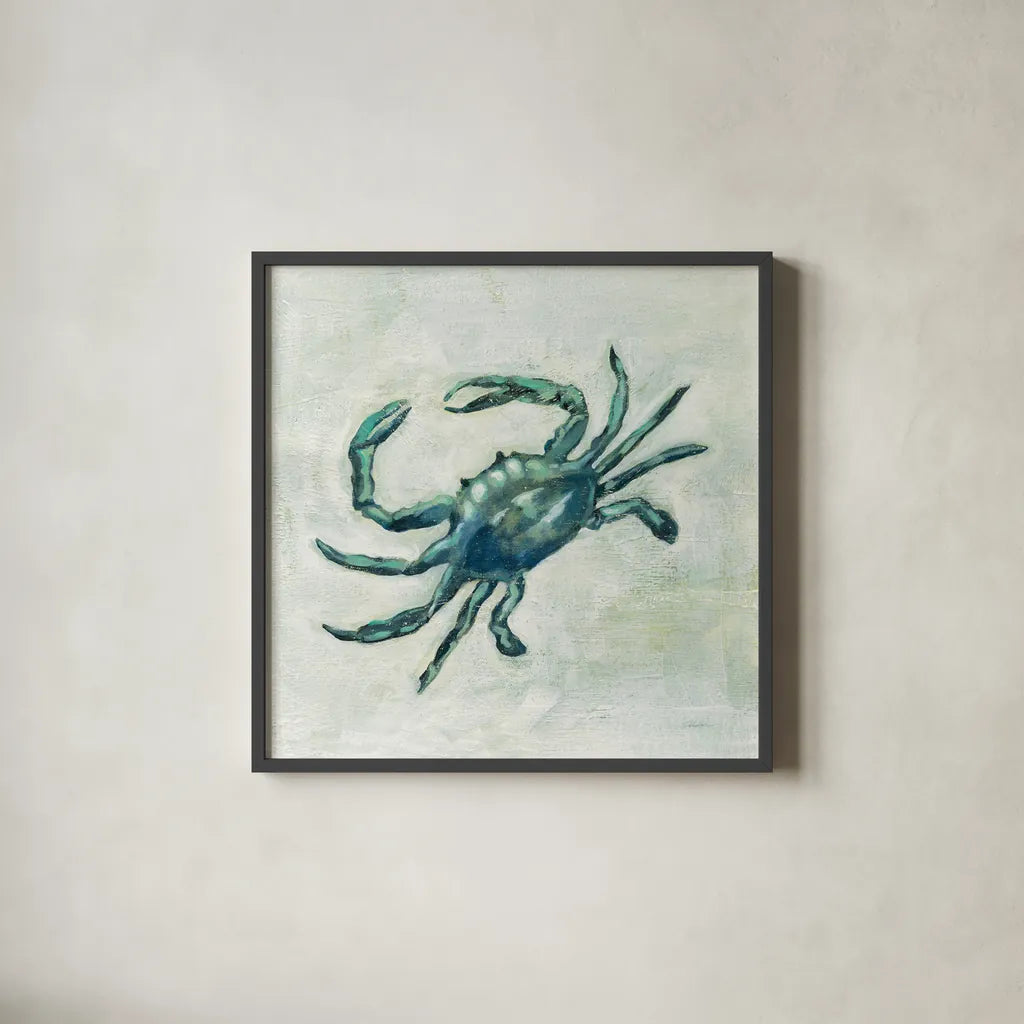 Indigo Sea Life II by Silvia Vassileva. Shown in a sleek black glass frame for a contemporary gallery look. Available as an archival giclee rolled canvas, fine art paper, or poster print. SKU 46903a.