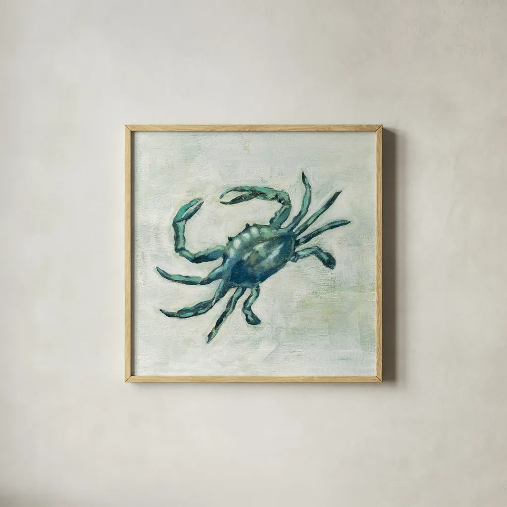 Indigo Sea Life II by Silvia Vassileva. Shown in a natural wood glass frame for a timeless modern aesthetic. Available as an archival giclee rolled canvas, fine art paper, or poster print. SKU 46903a.
