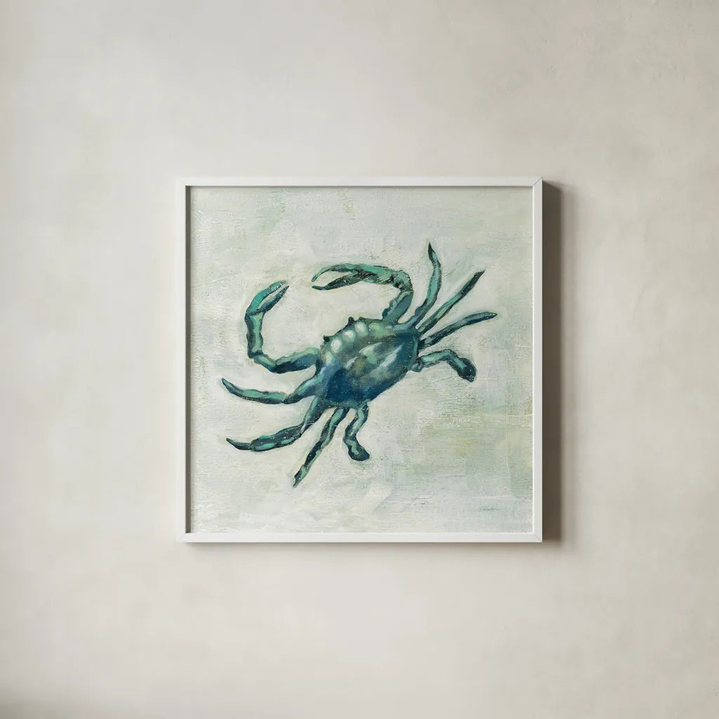 Indigo Sea Life II by Silvia Vassileva. Shown in a crisp white glass frame for a clean and minimalist style. Available as an archival giclee rolled canvas, fine art paper, or poster print. SKU 46903a.