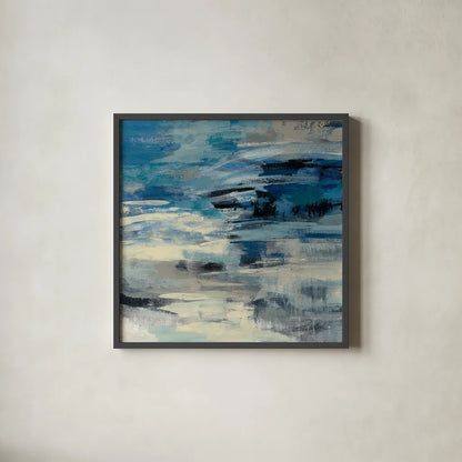 Indigo Wave by Silvia Vassileva. Shown in a sleek black glass frame for a contemporary gallery look. Available as an archival giclee rolled canvas, fine art paper, or poster print. SKU 21582a.
