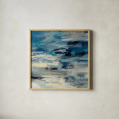 Indigo Wave by Silvia Vassileva. Shown in a natural wood glass frame for a timeless modern aesthetic. Available as an archival giclee rolled canvas, fine art paper, or poster print. SKU 21582a.