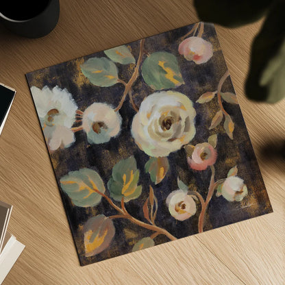 Indigo and Gold Branches I by Silvia Vassileva. Shown as a detailed flat fine art print, highlighting archival giclee quality. Available as an archival giclee rolled canvas, fine art paper, or poster print. SKU 87412a.