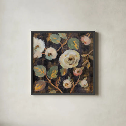 Indigo and Gold Branches I by Silvia Vassileva. Shown in a sleek black glass frame for a contemporary gallery look. Available as an archival giclee rolled canvas, fine art paper, or poster print. SKU 87412a.