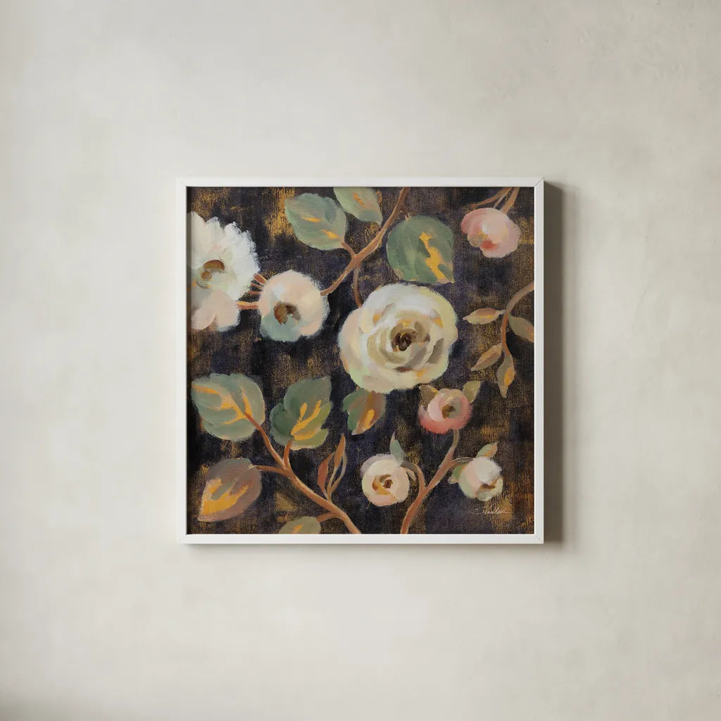 Indigo and Gold Branches I by Silvia Vassileva. Shown in a crisp white glass frame for a clean and minimalist style. Available as an archival giclee rolled canvas, fine art paper, or poster print. SKU 87412a.