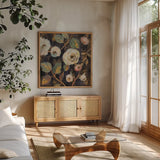 Indigo and Gold Branches I by Silvia Vassileva. Shown in a natural wood frame in a cozy modern living room. Available as an archival giclee rolled canvas, fine art paper, or poster print. SKU 87412a.