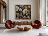 Indigo and Gold Branches I by Silvia Vassileva. Shown as extra-large giant wall art in a modern living room. Available as an archival giclee rolled canvas, fine art paper, or poster print. SKU 87412a.