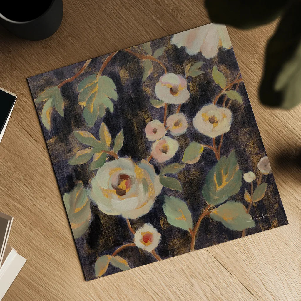 Indigo and Gold Branches II by Silvia Vassileva. Shown as a detailed flat fine art print, highlighting archival giclee quality. Available as an archival giclee rolled canvas, fine art paper, or poster print. SKU 87413a.