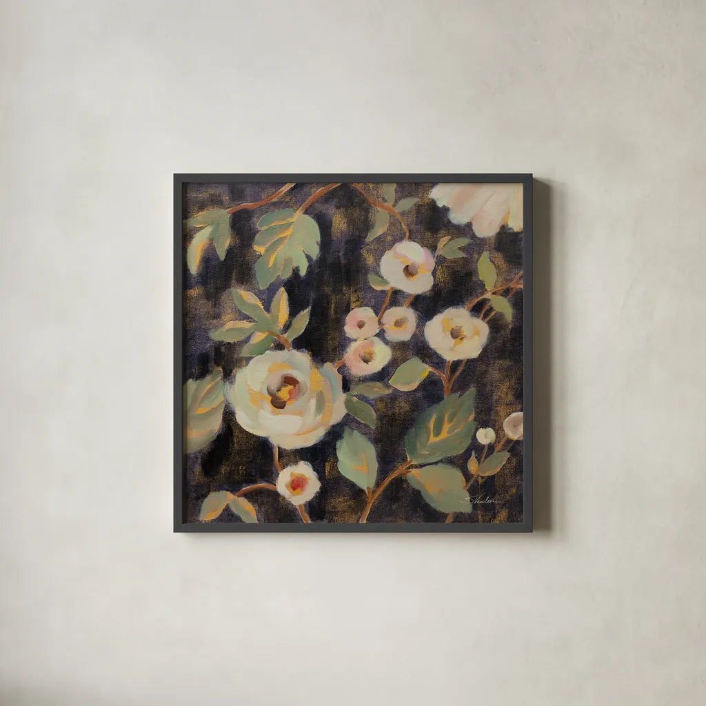 Indigo and Gold Branches II by Silvia Vassileva. Shown in a sleek black glass frame for a contemporary gallery look. Available as an archival giclee rolled canvas, fine art paper, or poster print. SKU 87413a.