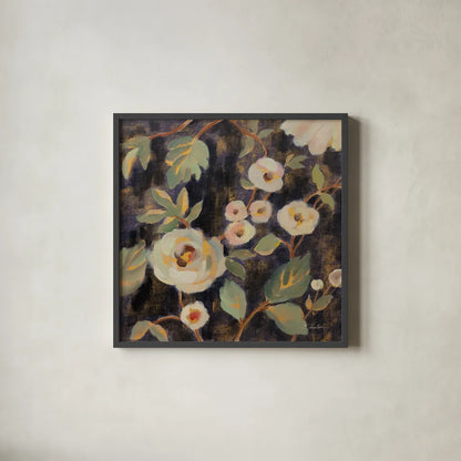 Indigo and Gold Branches II by Silvia Vassileva. Shown in a sleek black glass frame for a contemporary gallery look. Available as an archival giclee rolled canvas, fine art paper, or poster print. SKU 87413a.