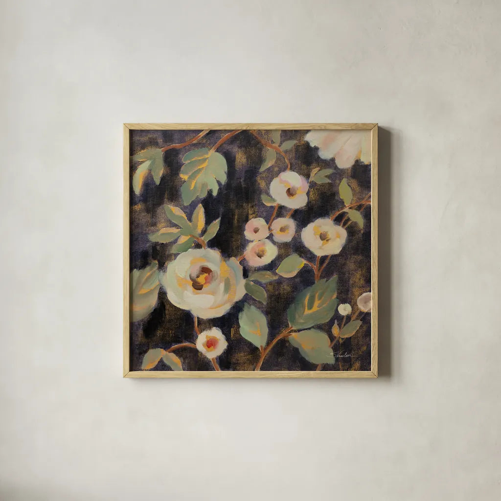 Indigo and Gold Branches II by Silvia Vassileva. Shown in a natural wood glass frame for a timeless modern aesthetic. Available as an archival giclee rolled canvas, fine art paper, or poster print. SKU 87413a.