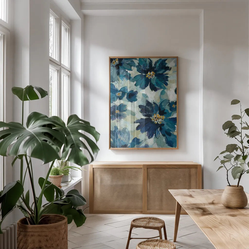 Inky Floral I by Silvia Vassileva. shown as a print in a natural wood frame in a dining room. Available as a archival giclee rolled canvas, fine art paper, or poster print. SKU 29745h.