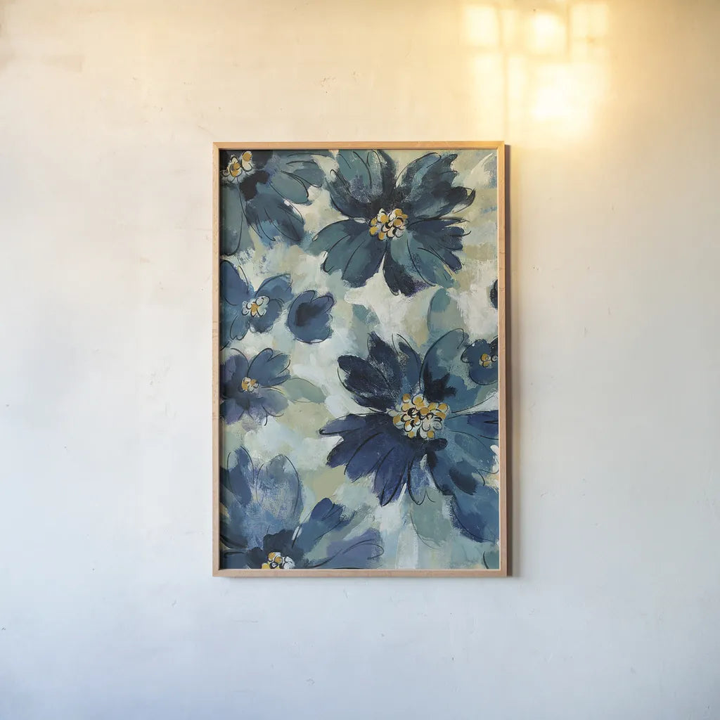 Inky Floral I by Silvia Vassileva. shown as a paper print in a natural frame. Available as a archival giclee rolled canvas, fine art paper, or poster print. SKU 29745h.