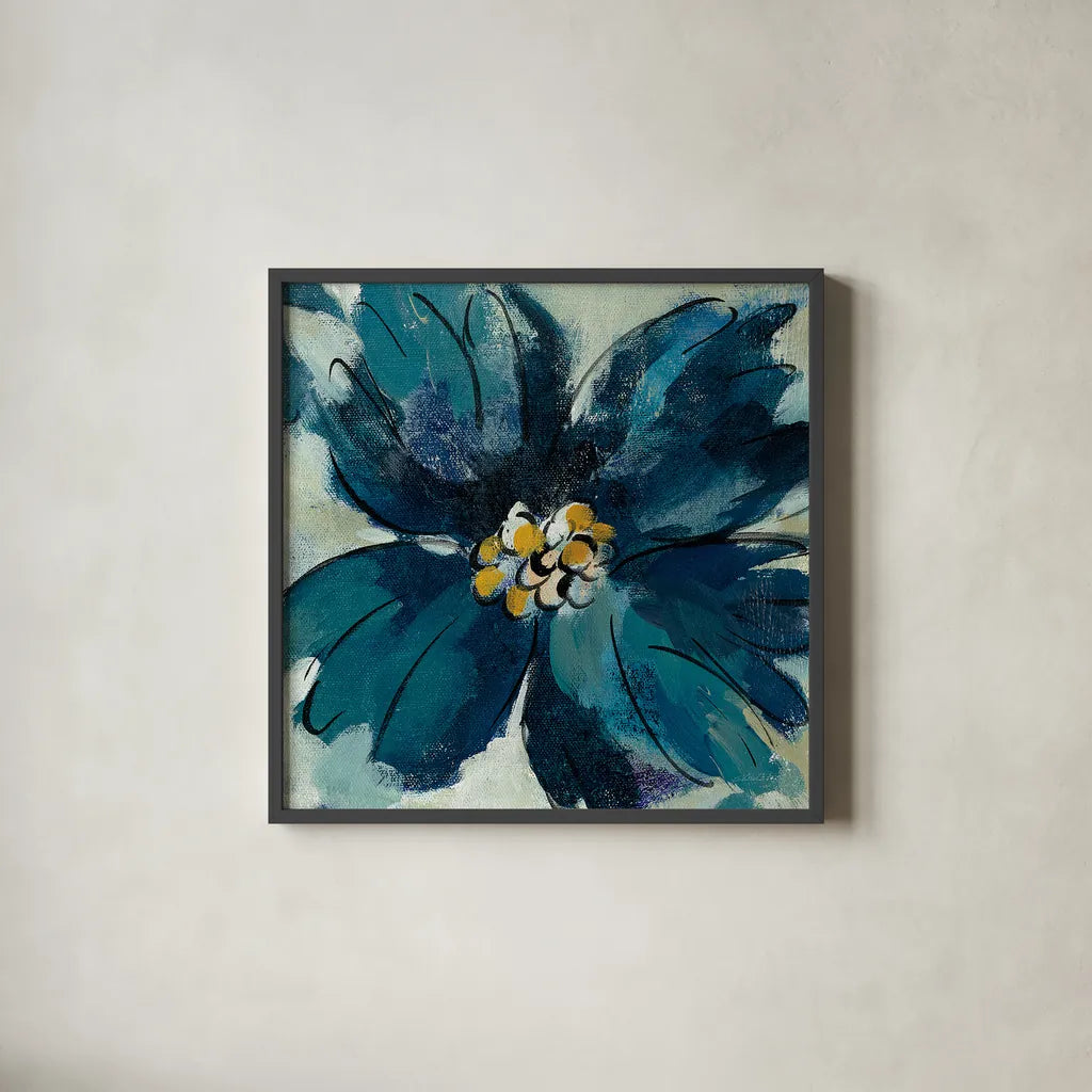 Inky Floral II by Silvia Vassileva. Shown in a sleek black glass frame for a contemporary gallery look. Available as an archival giclee rolled canvas, fine art paper, or poster print. SKU 30310a.