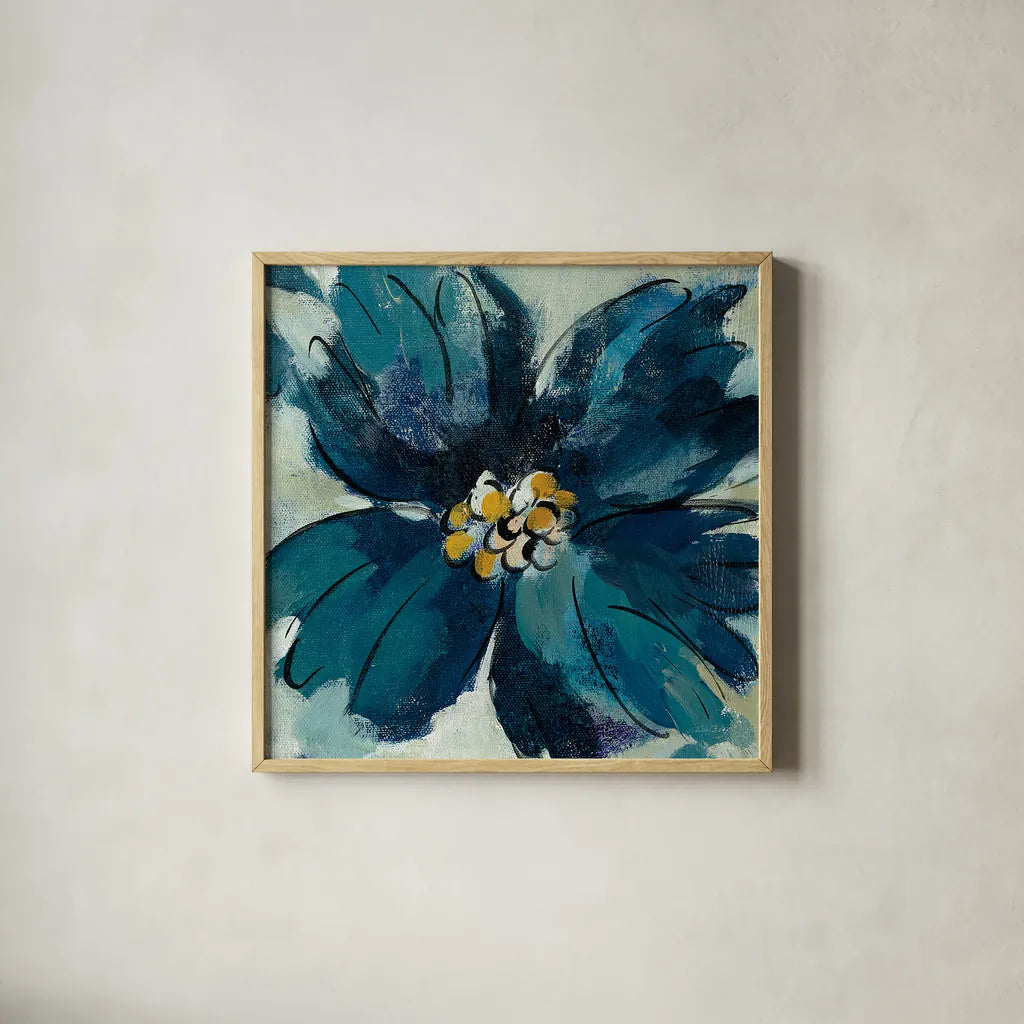 Inky Floral II by Silvia Vassileva. Shown in a natural wood glass frame for a timeless modern aesthetic. Available as an archival giclee rolled canvas, fine art paper, or poster print. SKU 30310a.
