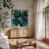 Inky Floral II by Silvia Vassileva. Shown in a natural wood frame in a cozy modern living room. Available as an archival giclee rolled canvas, fine art paper, or poster print. SKU 30310a.