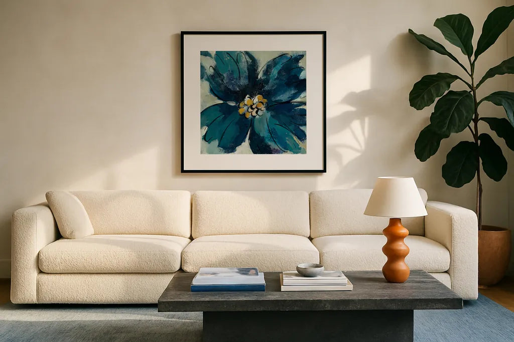 Inky Floral II by Silvia Vassileva. Displayed in a glass frame with matte in a clean modern living room. Available as an archival giclee rolled canvas, fine art paper, or poster print. SKU 30310a.