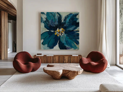Inky Floral II by Silvia Vassileva. Shown as extra-large giant wall art in a modern living room. Available as an archival giclee rolled canvas, fine art paper, or poster print. SKU 30310a.