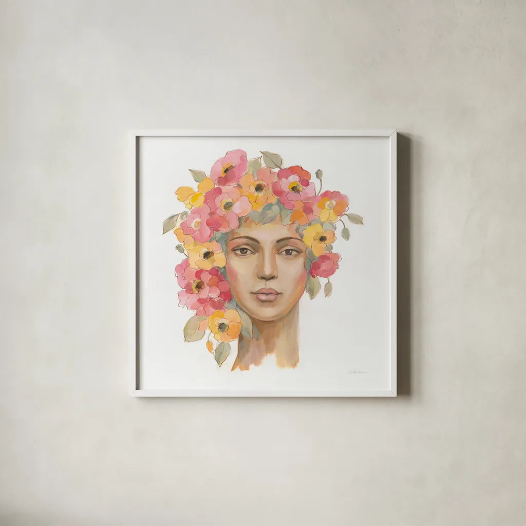 International Woman I by Silvia Vassileva. Shown in a crisp white glass frame for a clean and minimalist style. Available as an archival giclee rolled canvas, fine art paper, or poster print. SKU 65243a.