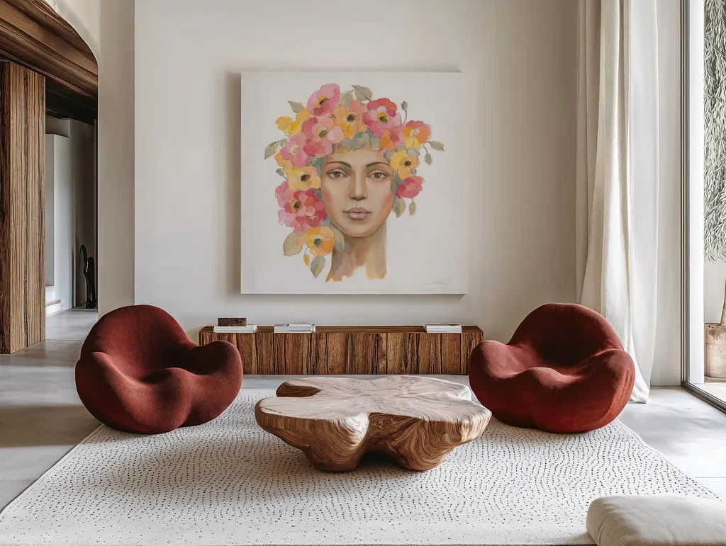 International Woman I by Silvia Vassileva. Shown as extra-large giant wall art in a modern living room. Available as an archival giclee rolled canvas, fine art paper, or poster print. SKU 65243a.