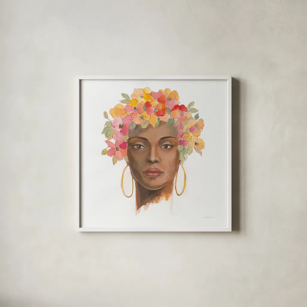 International Woman II by Silvia Vassileva. Shown in a crisp white glass frame for a clean and minimalist style. Available as an archival giclee rolled canvas, fine art paper, or poster print. SKU 65244a.