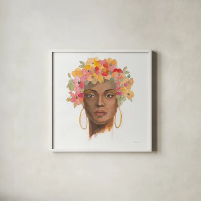 International Woman II by Silvia Vassileva. Shown in a crisp white glass frame for a clean and minimalist style. Available as an archival giclee rolled canvas, fine art paper, or poster print. SKU 65244a.