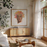 International Woman II by Silvia Vassileva. Shown in a natural wood frame in a cozy modern living room. Available as an archival giclee rolled canvas, fine art paper, or poster print. SKU 65244a.