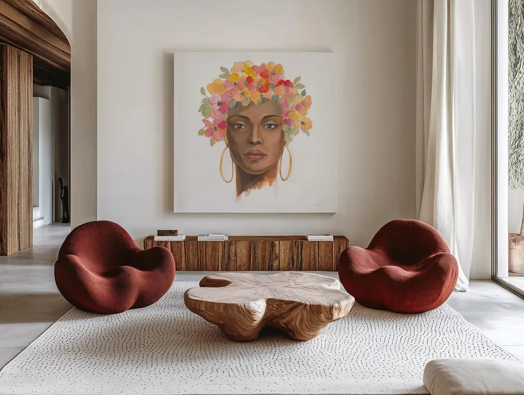 International Woman II by Silvia Vassileva. Shown as extra-large giant wall art in a modern living room. Available as an archival giclee rolled canvas, fine art paper, or poster print. SKU 65244a.
