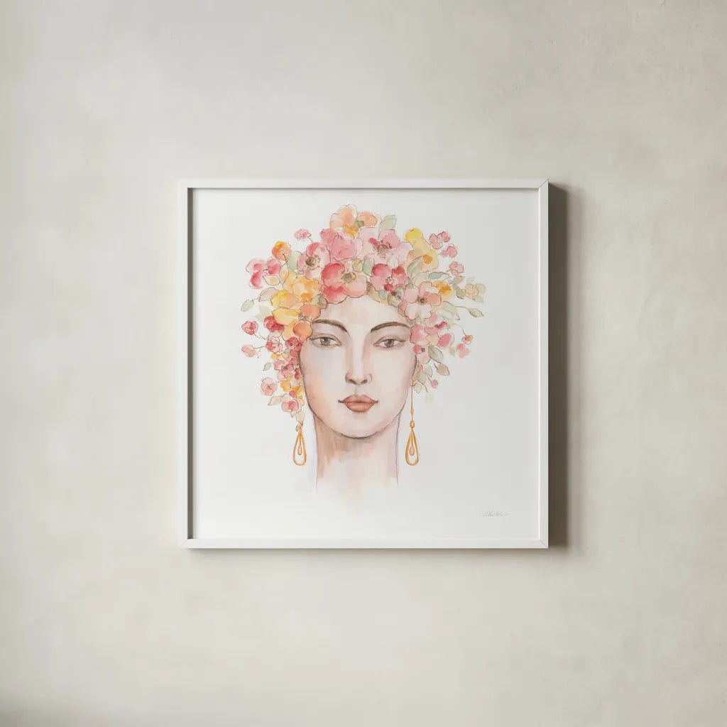 International Woman III by Silvia Vassileva. Shown in a crisp white glass frame for a clean and minimalist style. Available as an archival giclee rolled canvas, fine art paper, or poster print. SKU 65245a.