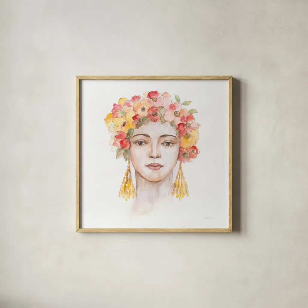 International Woman IV by Silvia Vassileva. Shown in a natural wood glass frame for a timeless modern aesthetic. Available as an archival giclee rolled canvas, fine art paper, or poster print. SKU 65246a.
